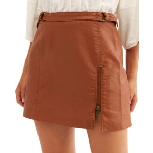 🍁 Free People Brown Midnight Magic Faux Leather Mini Skirt Size 6 - Picture 2 of 13
